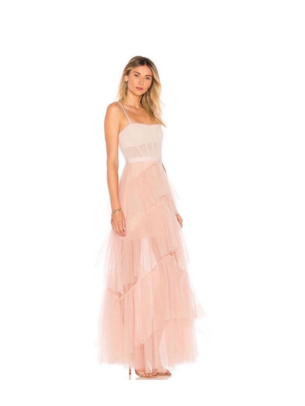 BCBGMaxAzria Soft Pink Tiered Tulle Maxi Dress